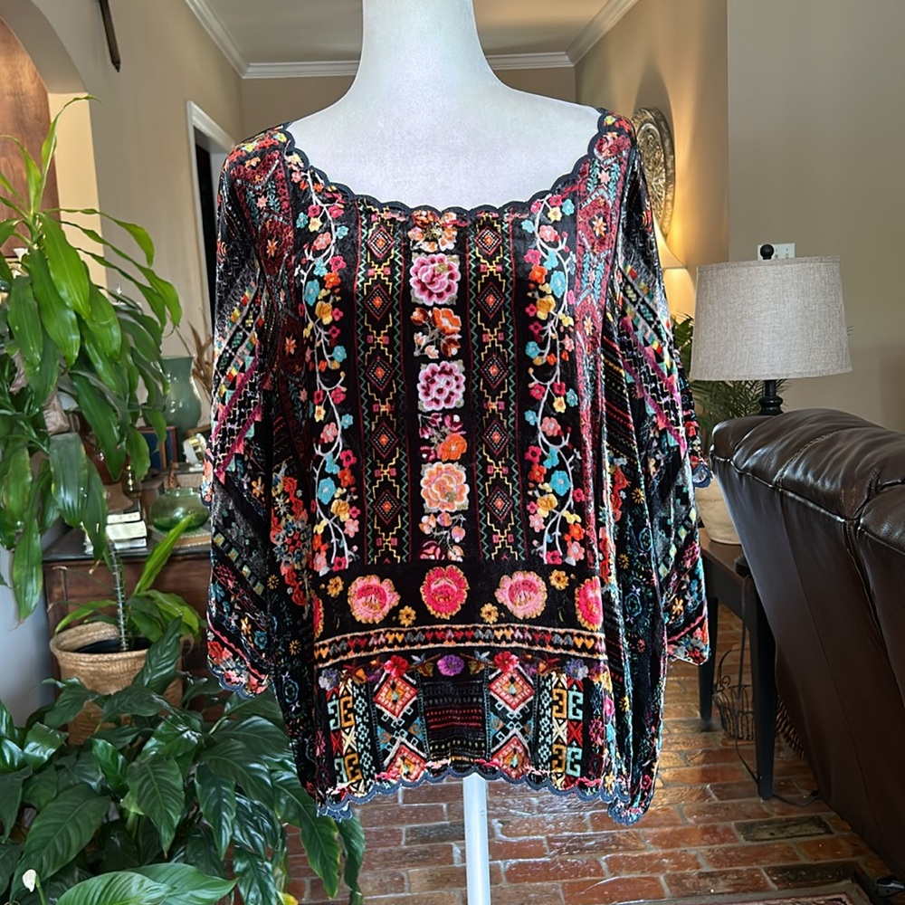 Johnny Was Multicolor Velvet Floral Embroidered Blouse - Picture 3 of 15